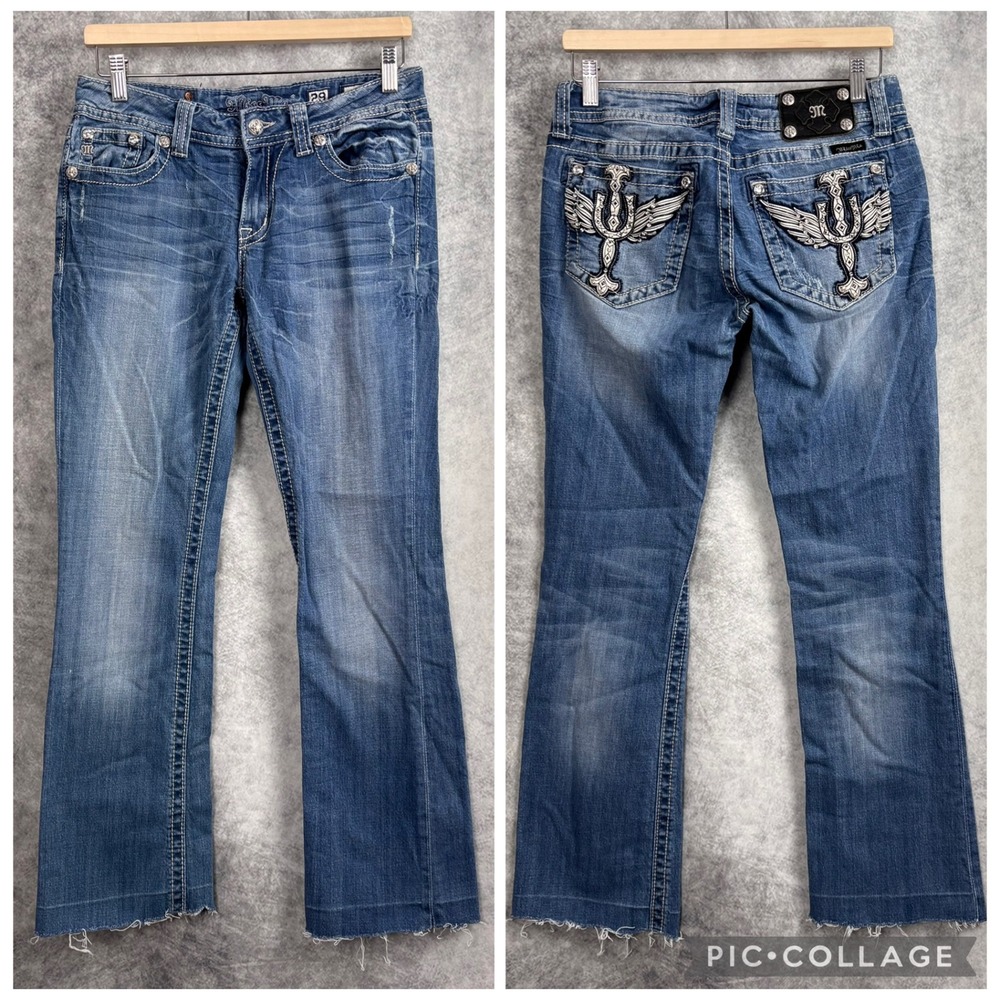 Miss Me Medium Wash Boot Cut Wings Rhinestone Bling Raw Hem Jeans‎ Size 29